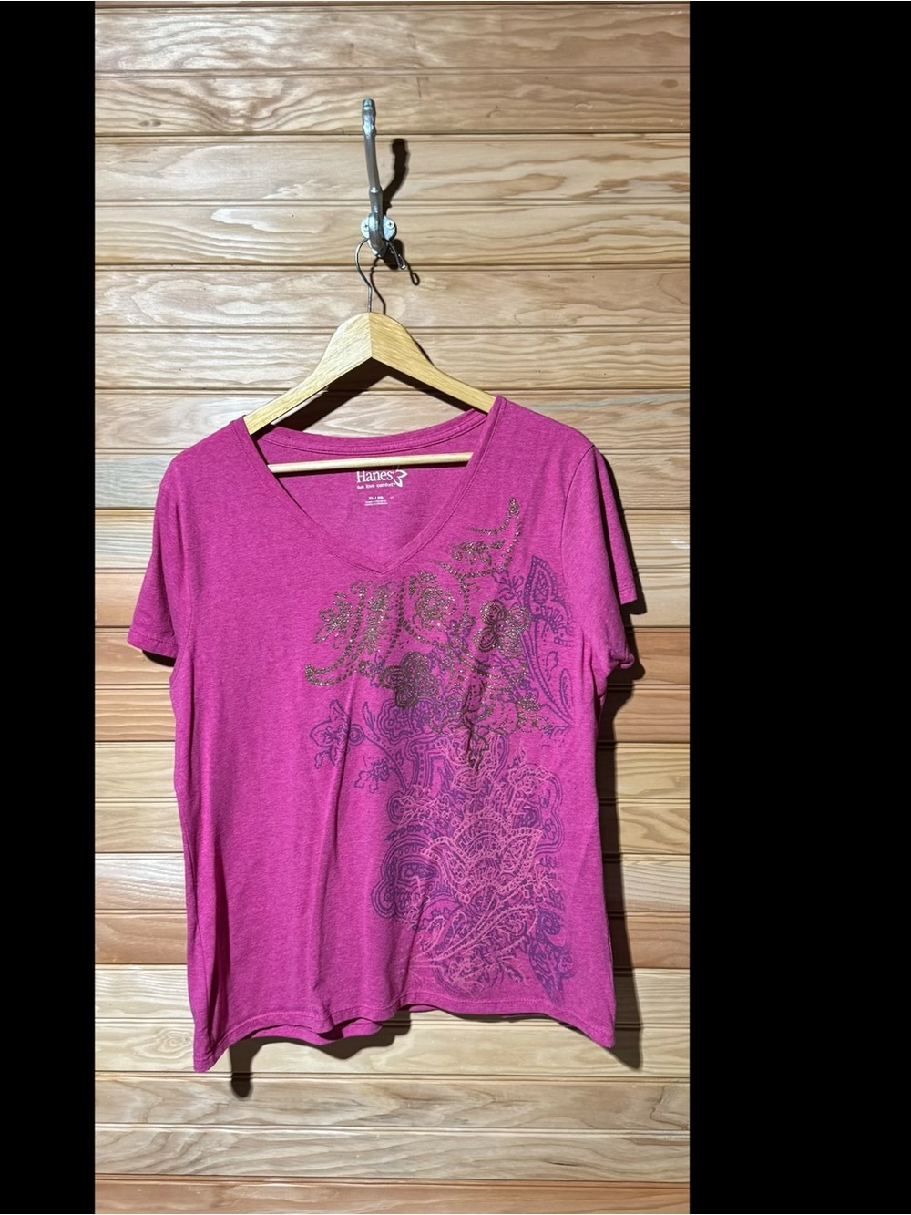 Hanes Pink V-Neck Short Sleeve Tee with Paisley Graphic